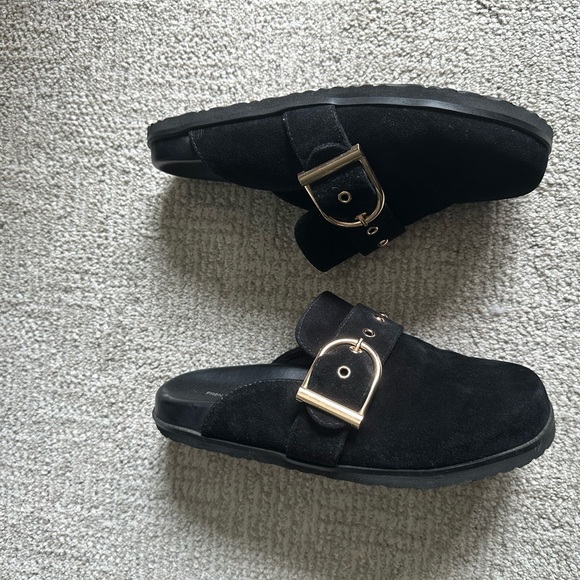 French Connection Black Faux Suede Clogs with Gold Buckle - Picture 3 of 7
